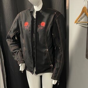 Black Jacket with Red Rose Embroidery motorcycle jacket with skid plates